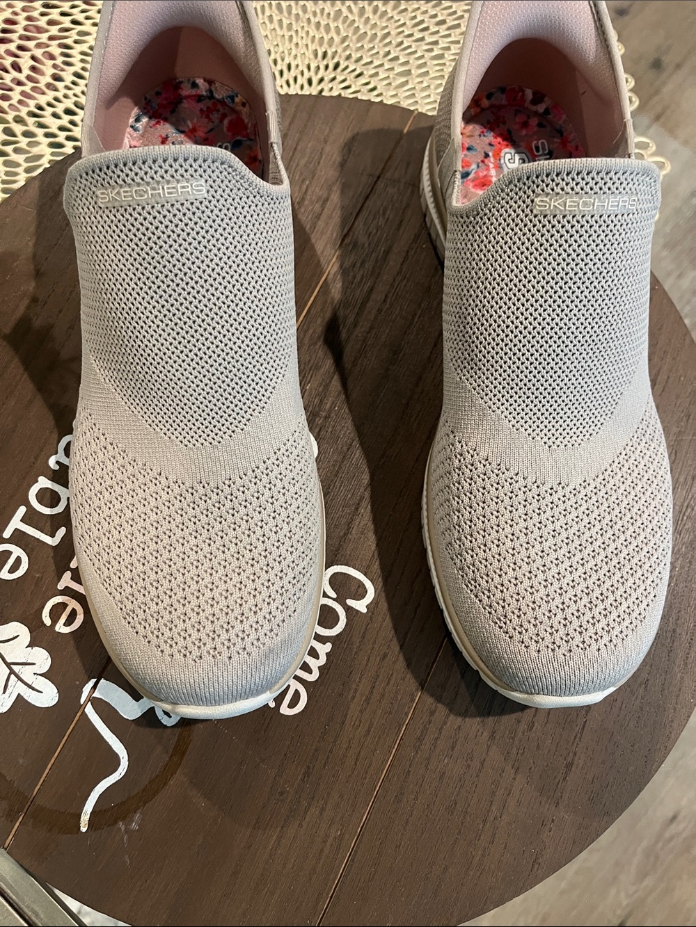 Skechers Slip-On Knit Sneakers in Pale Pink and White